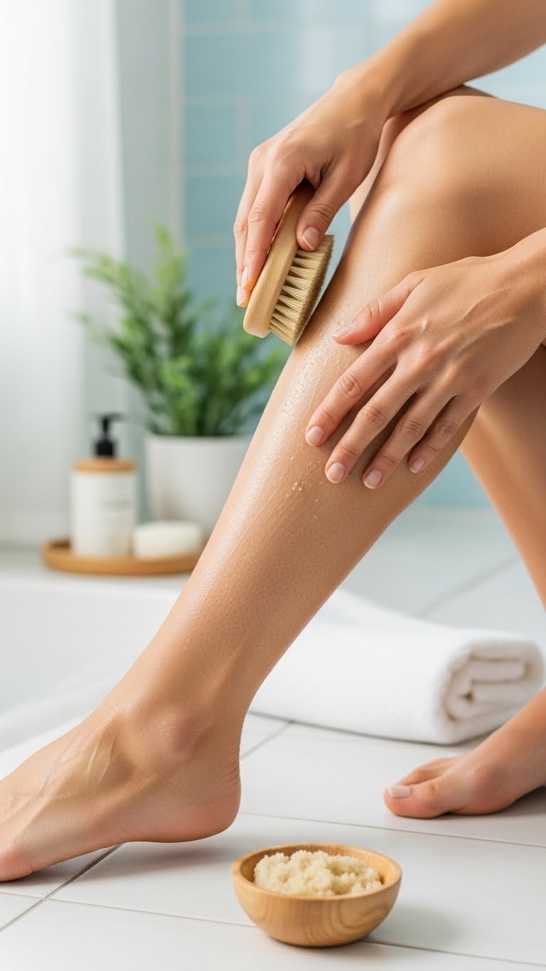 Close-up of gentle leg skin exfoliation with natural bristle brush for hair removal cream preparation in minimalist bathroom setting