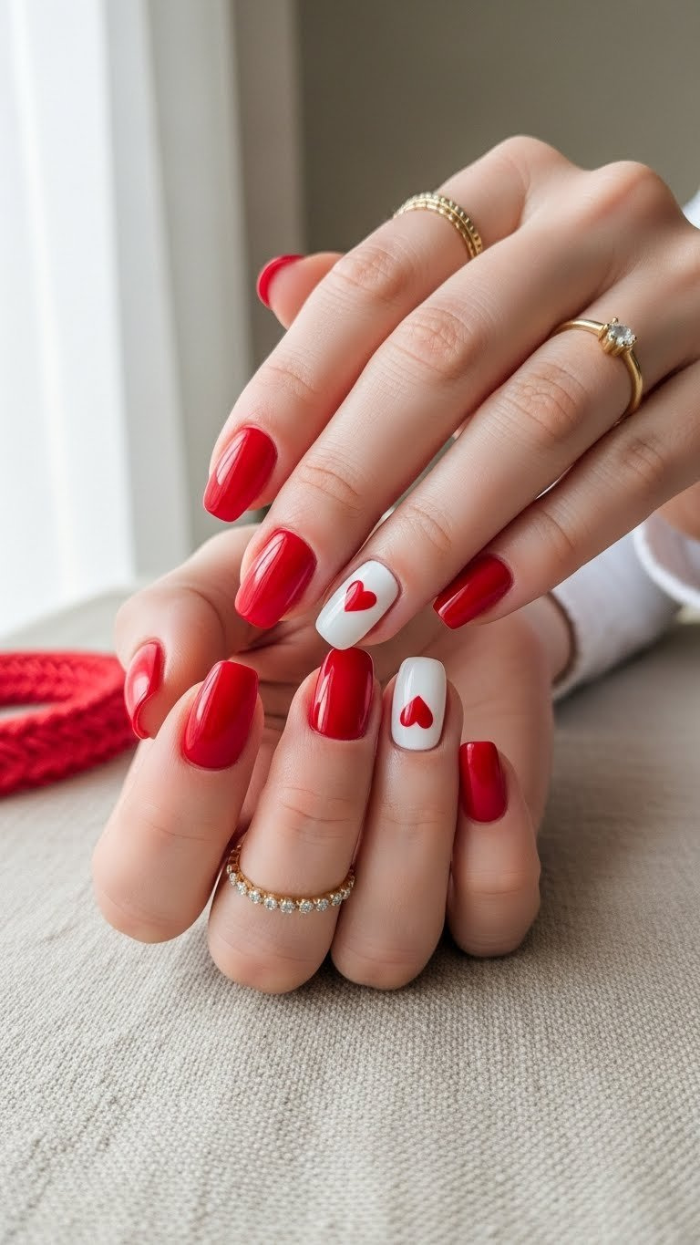 Close-up of glossy red Valentine's Day nails featuring a delicate white heart on ring finger with gold ring accessory against linen background