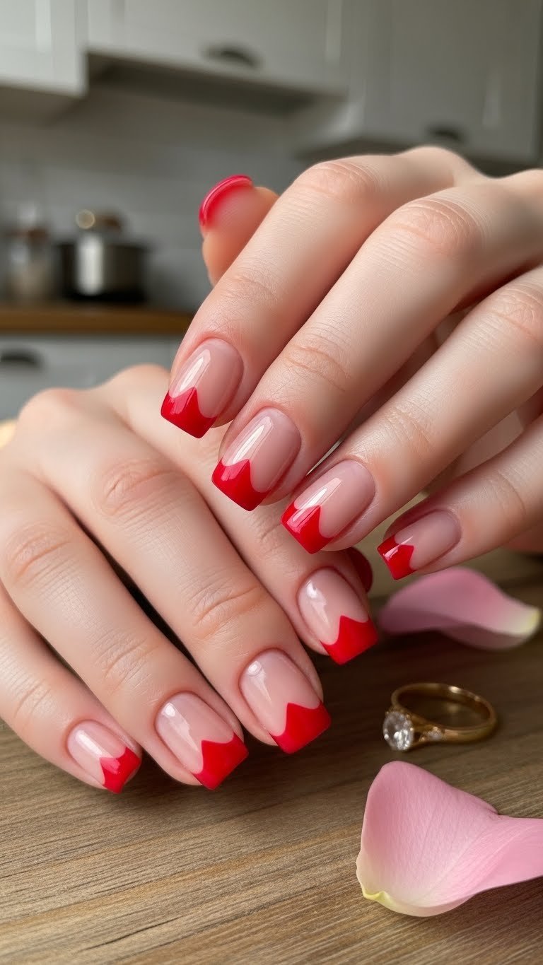Close-up of glossy red heart tip square nails on rustic wooden table with soft natural lighting