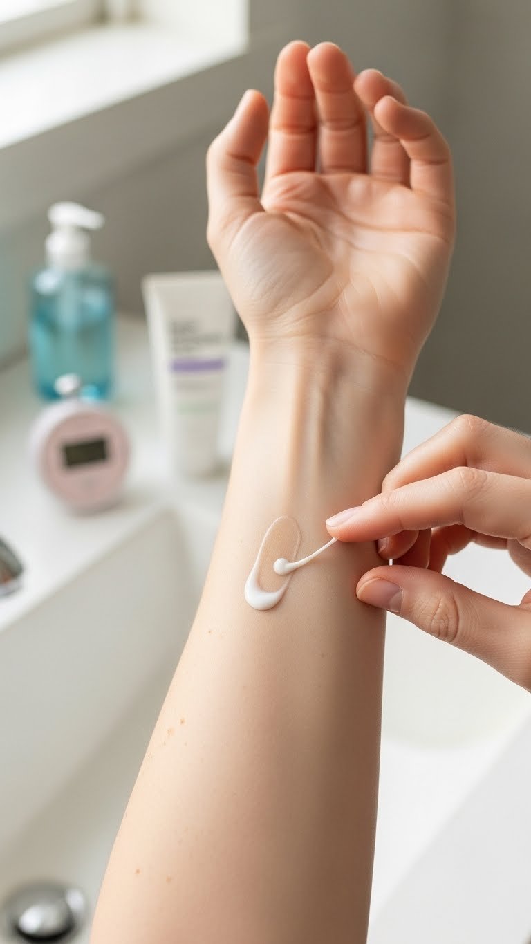 Close-up of hair removal cream safety patch test on inner forearm showing no redness or irritation with soft bokeh bathroom background.