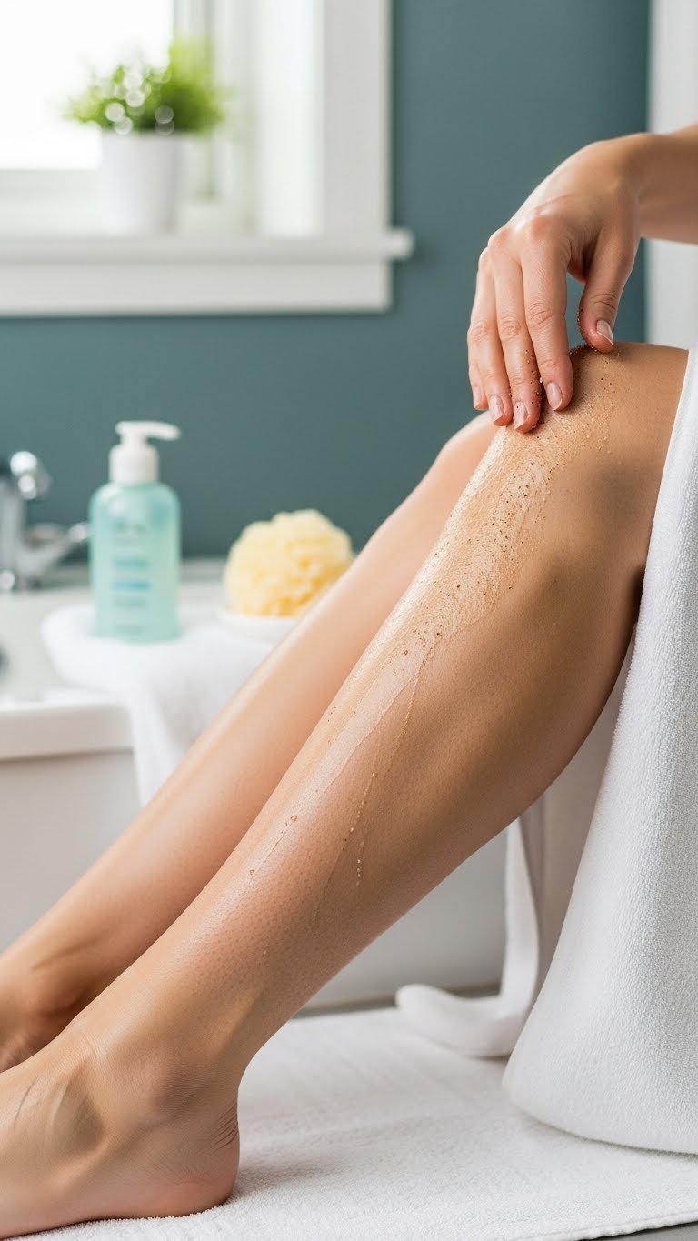 Close-up of hand applying exfoliating scrub to damp leg with visible scrub particles on white towel background