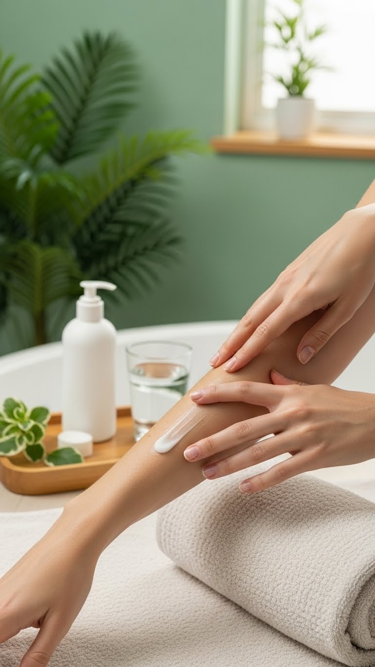 Close-up of hand applying hydrating lotion to smooth skin with spa bathroom background and natural greens.