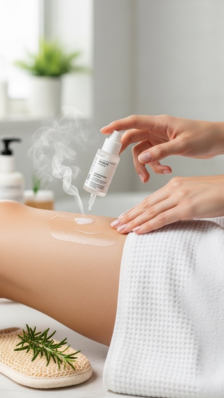 Close-up of hand applying ingrown hair serum to smooth skin after waxing with exfoliating mitt