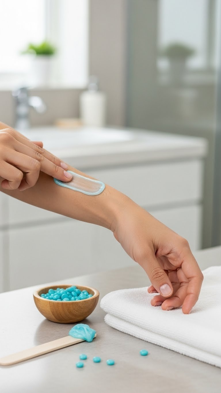 Close-up of hand applying thin layer of hard wax to forearm following hair growth direction