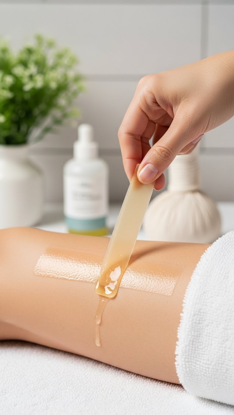 Close-up of hand pulling hardened wax strip from skin revealing smooth, clean surface after hair removal