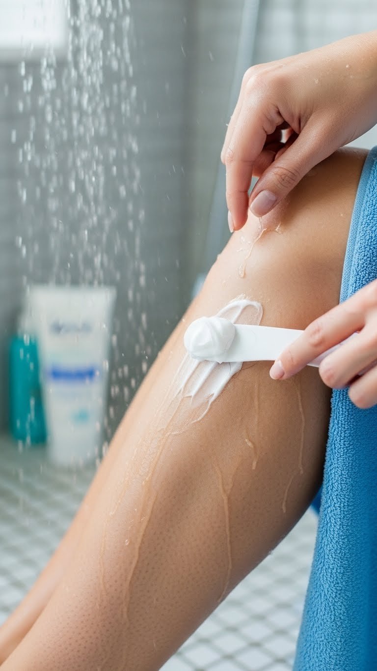 Close-up of hand using spatula to remove Veet cream revealing smooth skin underneath in shower setting