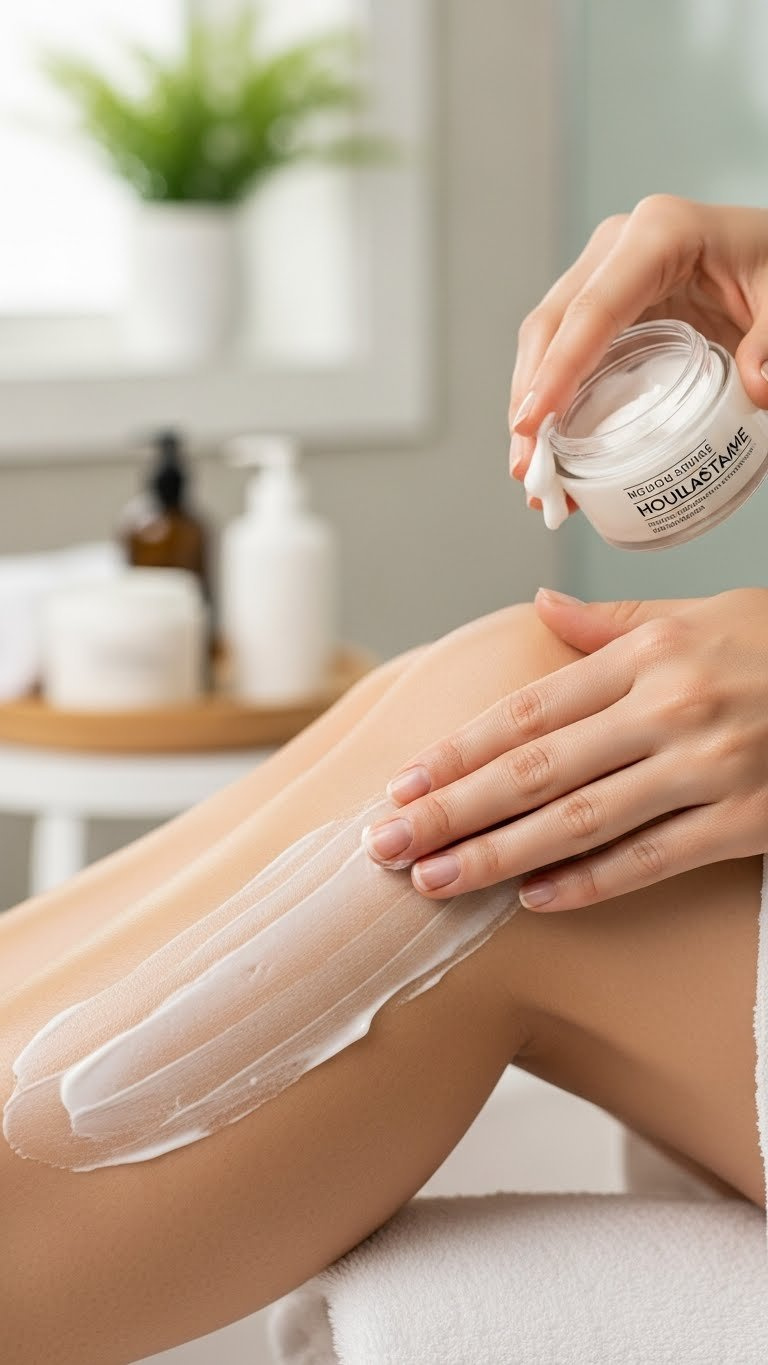 Close-up of hands gently rubbing rich moisturizer cream into hydrated skin post hair removal