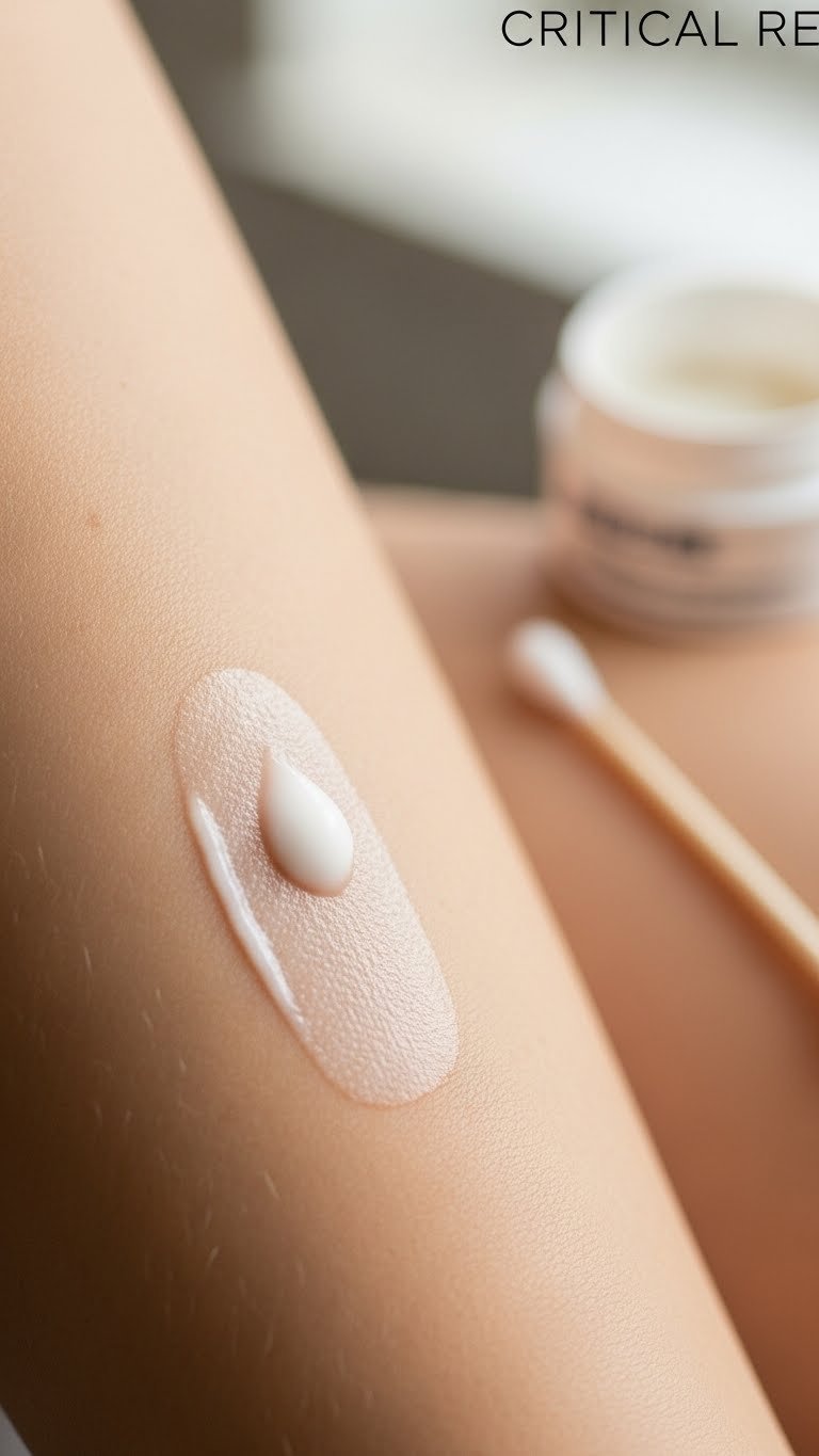 Close-up of healthy skin with small white hair removal cream patch applied on inner arm using cotton swab