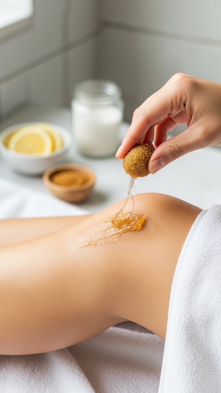 Close-up of homemade sugaring paste being applied to smooth leg skin with fine hairs embedded in golden-brown paste against soft bokeh bathroom background.