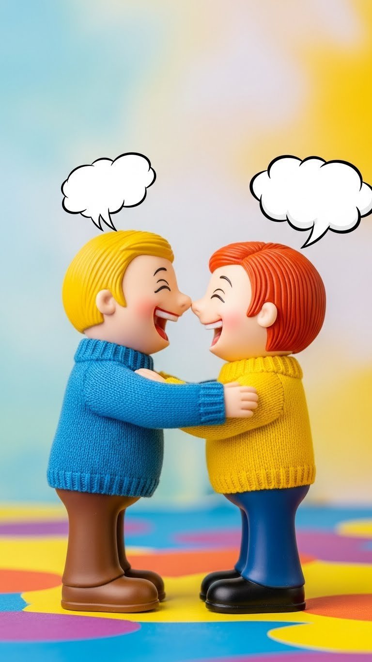 Close-up of humorous cartoon pair in exaggerated affectionate pose against colorful playful background