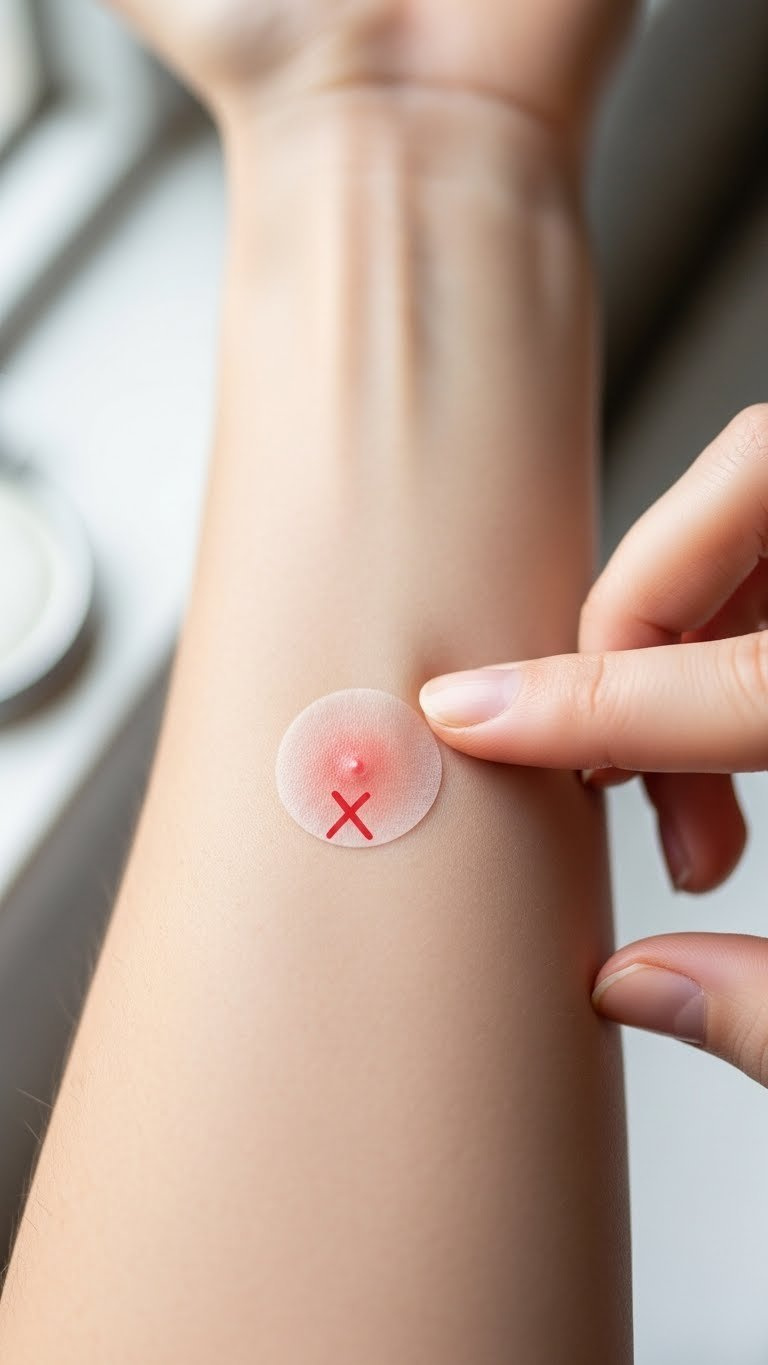 Close-up of inner forearm showing circular patch test area for hair removal product sensitivity