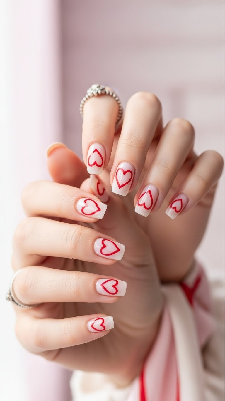 Close-up of manicured nails with classic red heart outlines on clear base against soft pink background and silver ring accent