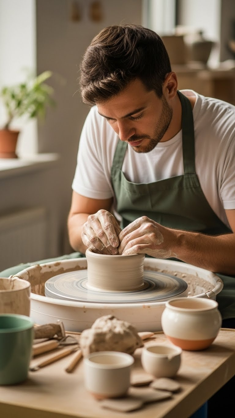 Close-up of man's hands shaping clay on pottery wheel in well-lit creative studio environment