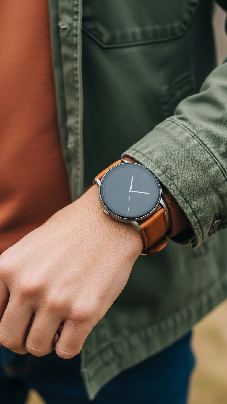 Close-up of man's wrist wearing minimalist smartwatch with leather band in natural outdoor setting