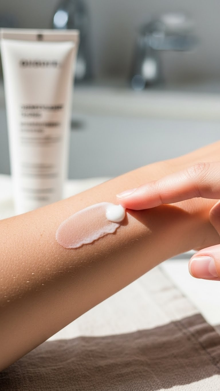 Close-up of mildly irritated skin receiving gentle moisturizer application on soft linen cloth background