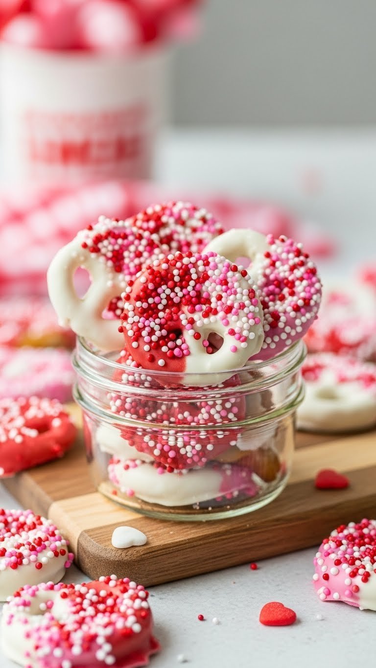 Close-up of mini chocolate-dipped pretzels with pink and white sprinkles in a glass jar with festive background