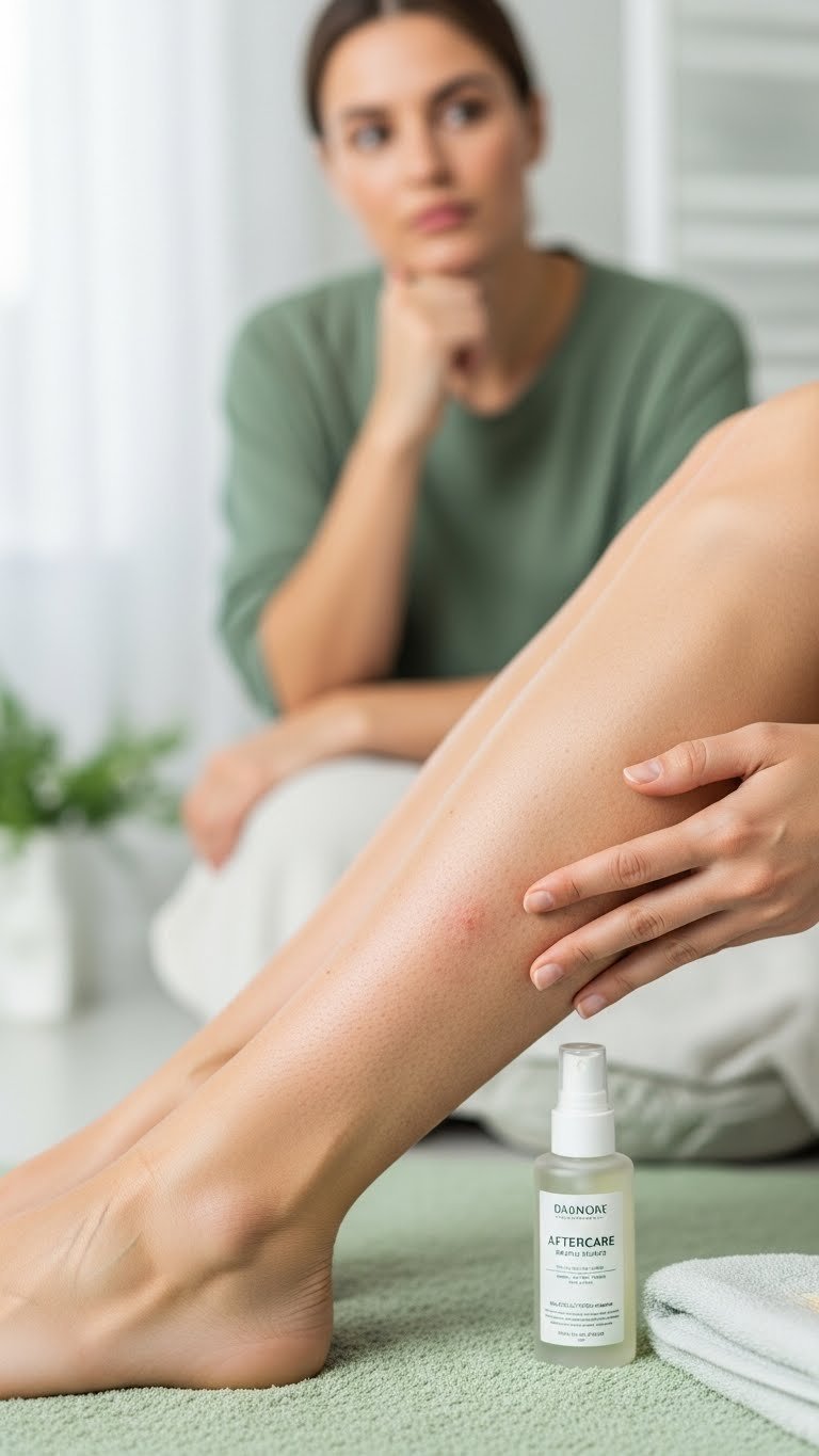 Close-up of minor post-hair removal skin redness and patchy growth showing realistic aftercare scenario