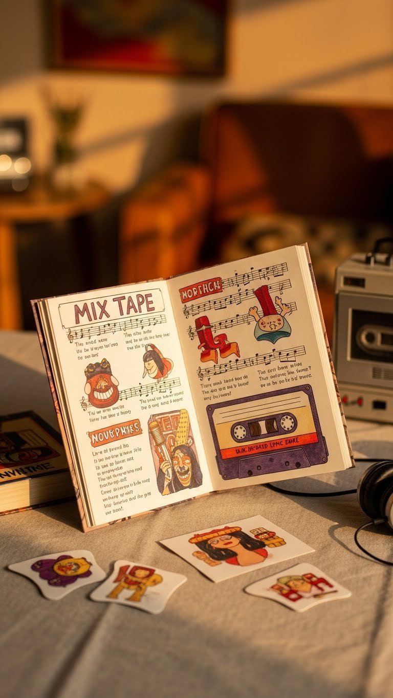 Close-up of mix tape illustrated lyric zine with vibrant hand-drawn artwork on linen tablecloth in warm golden light