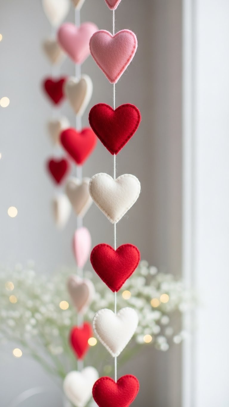 Close-up of multi-textured heart garland in red, pink, and white felt hanging against soft wall with natural lighting