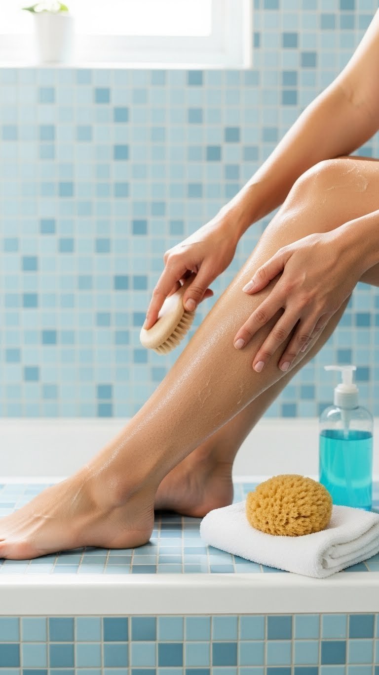 Close-up of person exfoliating leg with loofah in shower preparation for hair removal with soft natural light