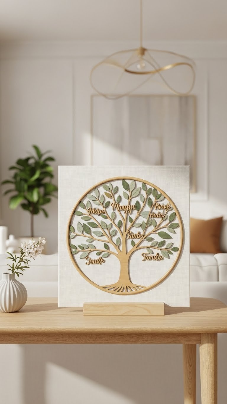 Close-up of personalized family tree art piece with stylized branches displayed on light wooden console in contemporary living room setting.