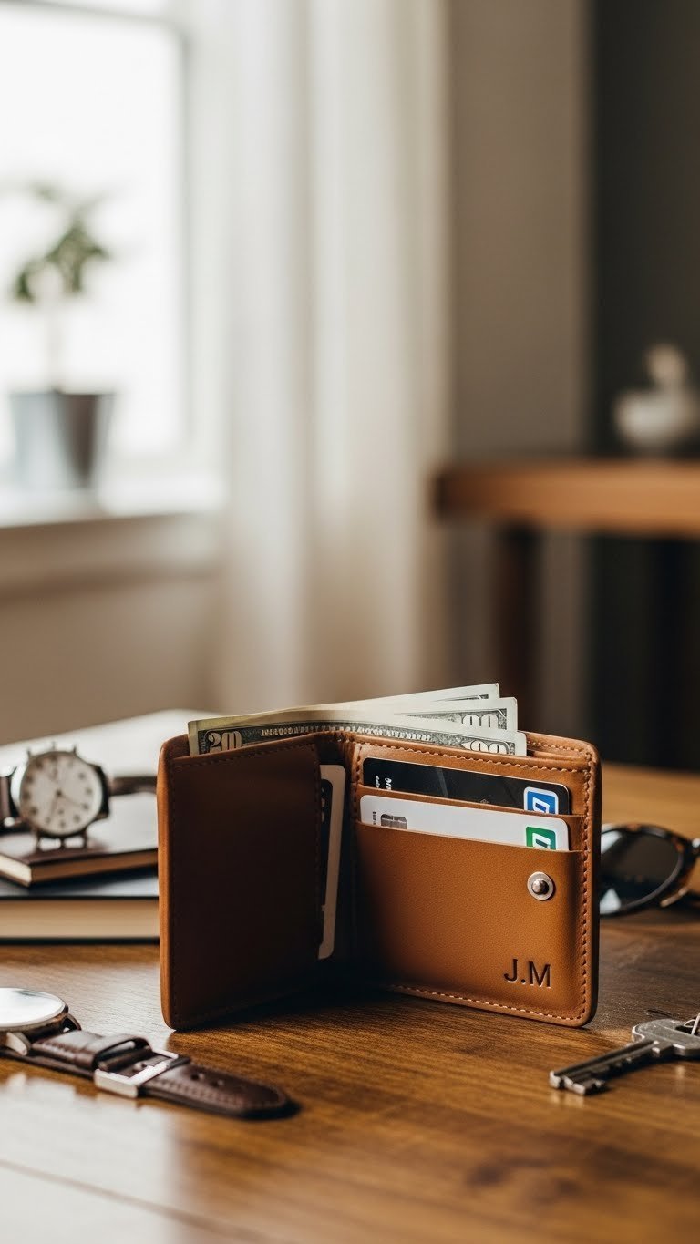 Close-up of personalized leather wallet with engraved initials J.M. partially open showing currency and cards on rustic wooden table