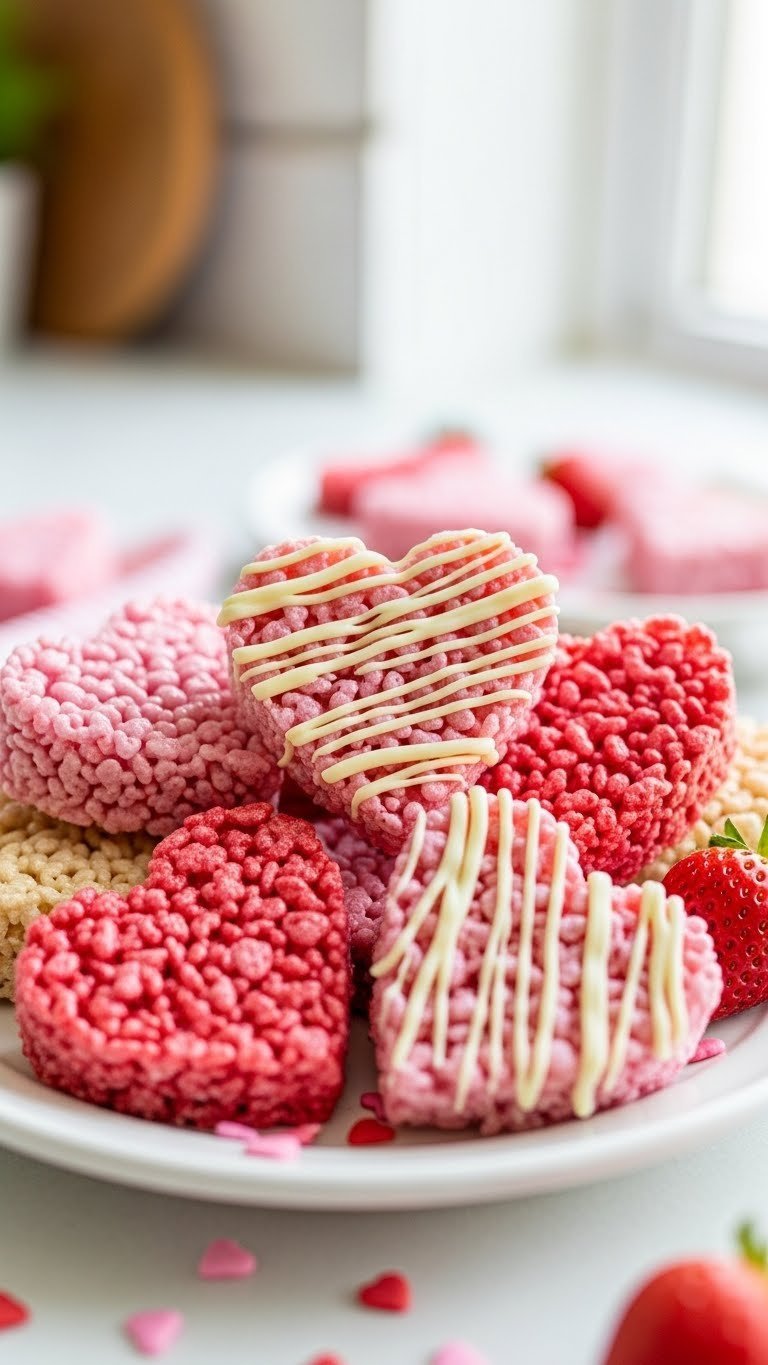 Close-up of pink and red heart-shaped Rice Krispie treats with white chocolate drizzle on a white ceramic platter with soft bokeh background