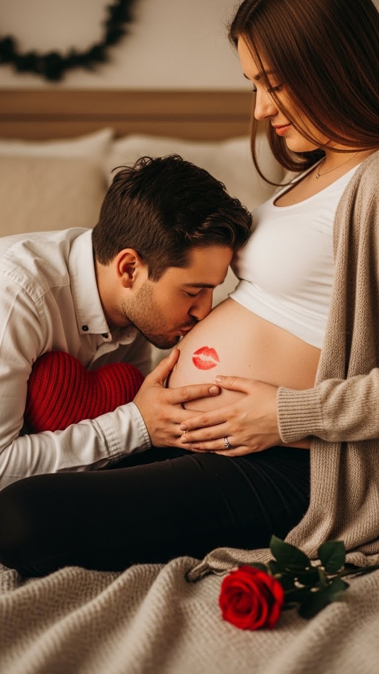 Close-up of pregnant belly with partner kissing bump showing red lipstick mark in warm intimate golden hour light.