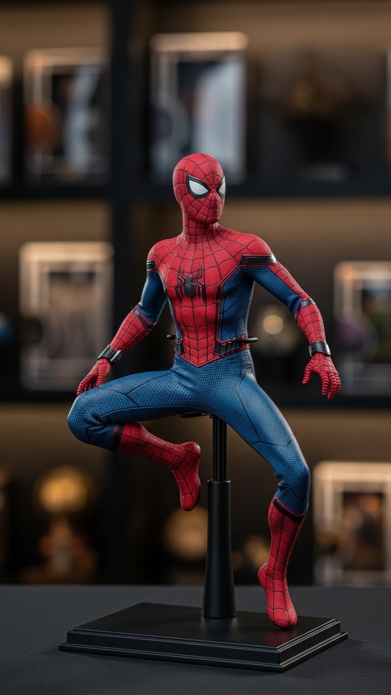 Close-up of premium Spiderman collectible figure on black display stand with vibrant red and blue suit textures and web-shooter details