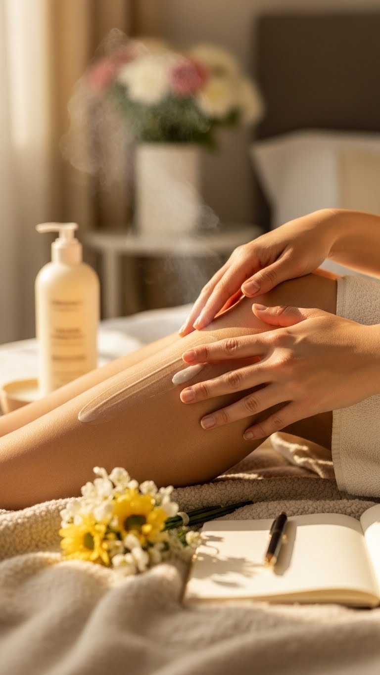 Close-up of radiant smooth skin touched by hand with body lotion blurred in background