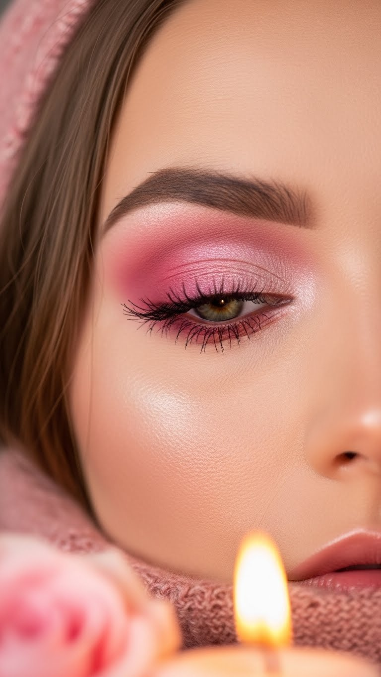 Close-up of romantic pink eyeshadow look with blended gradient hues, shimmer accents, and softly defined lashes in warm lighting