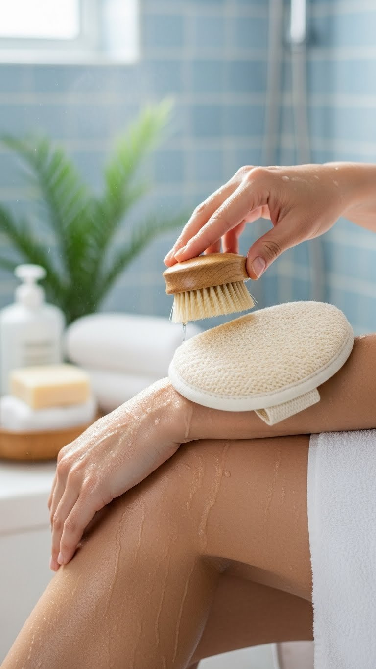 Close-up of smooth skin being gently exfoliated with natural bristle brush in steamy bathroom setting with soft bokeh background