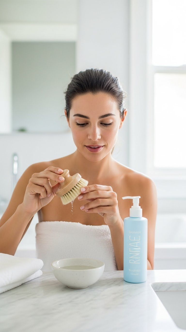 Close-up of smooth skin being gently exfoliated with soft brush on marble countertop in bright bathroom setting
