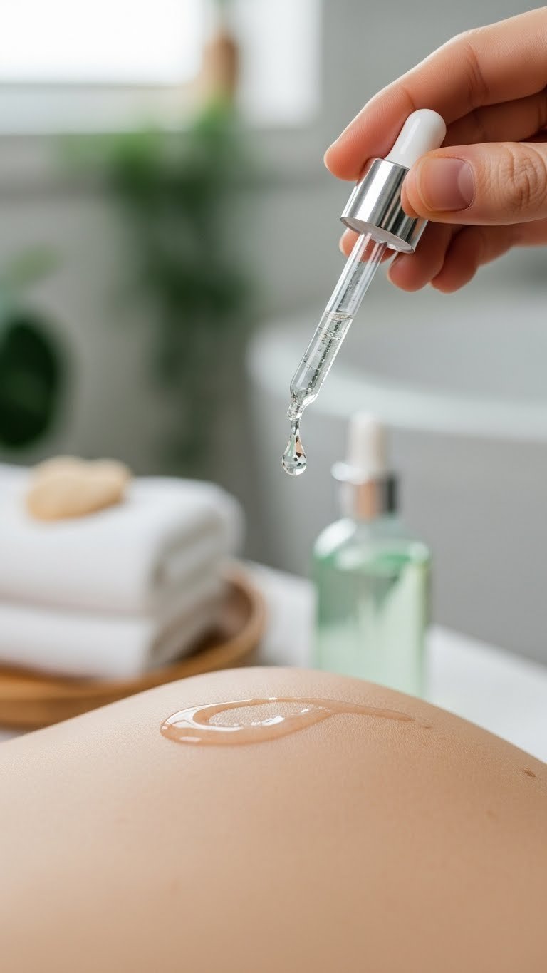 Close-up of soothing serum drop being gently massaged into smooth post-treatment skin for healing