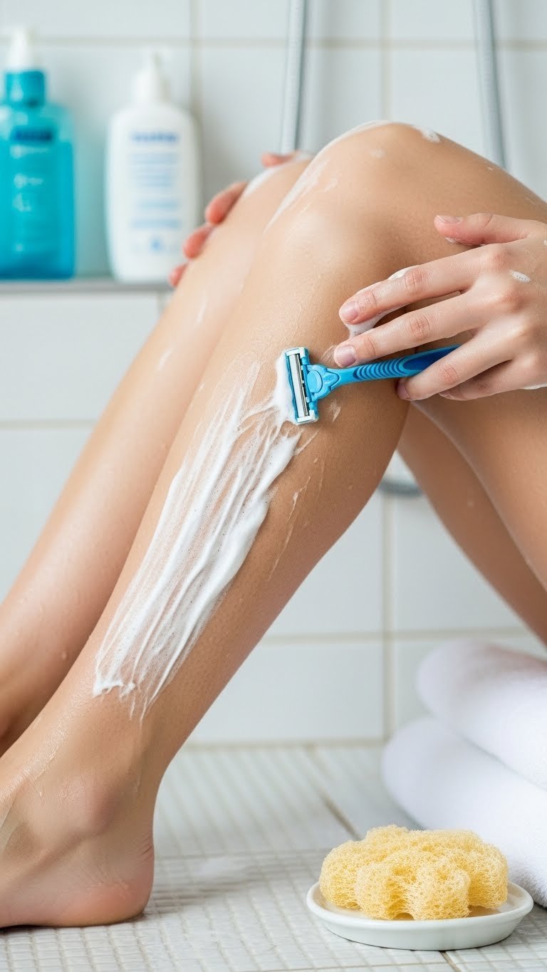 Close-up of teen's leg with clean razor and shaving cream on damp shower wall in bright bathroom setting