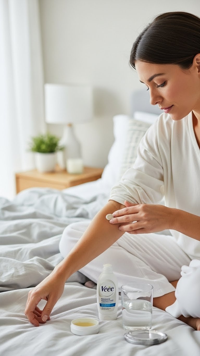 Close-up of thoughtful person examining skin patch for hair removal issues on soft bed linen background