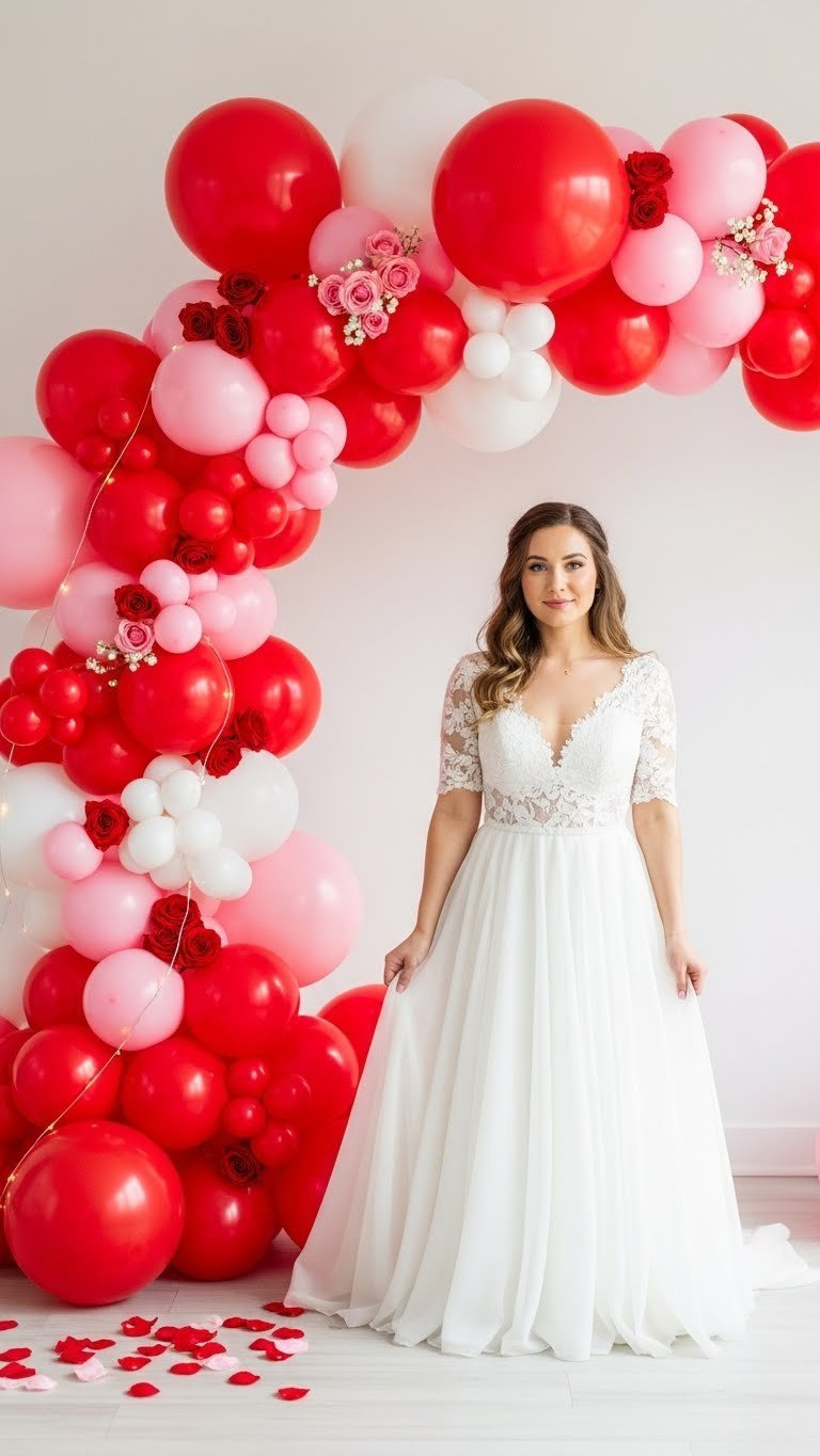 Close-up of vibrant Valentine's Day balloon arch with red, pink, and white balloons creating romantic backdrop with soft bokeh background