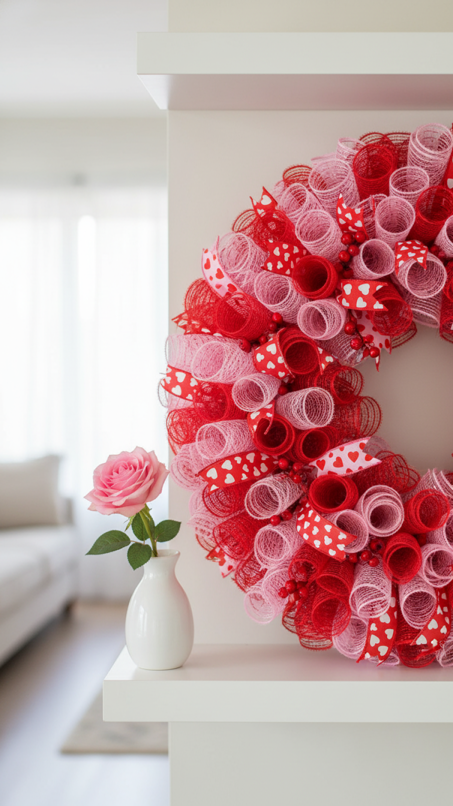 Close-up of vibrant red and pink deco mesh Valentine wreath with heart-shaped ribbon accents and glossy red berries against soft bokeh background.