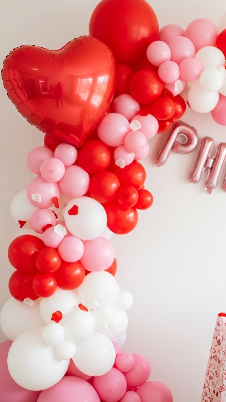 Close-up of vibrant red, pink, and white heart-shaped balloon arch with soft matte textures against minimalist backdrop