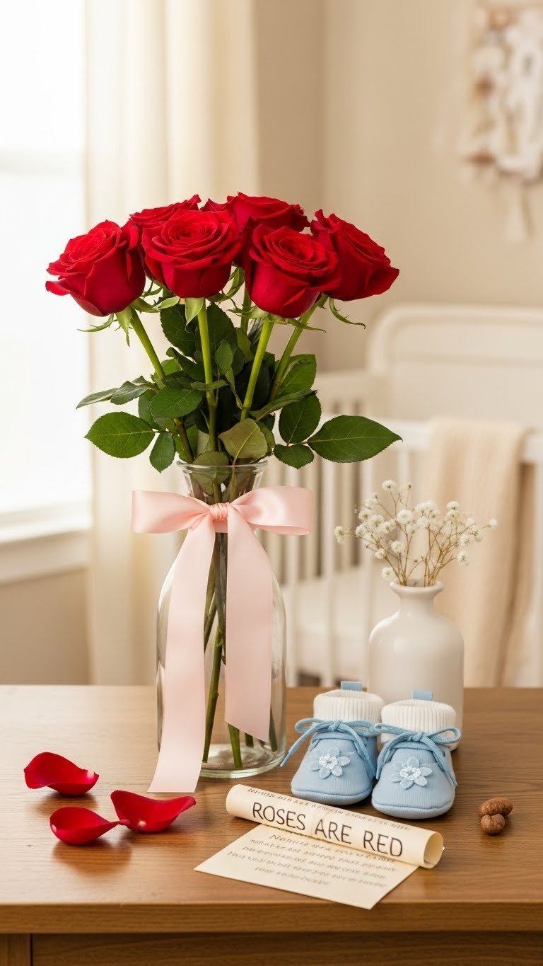 Close-up of vibrant red roses bouquet with silk ribbon next to handwritten scroll revealing baby gender reveal on rustic wooden table