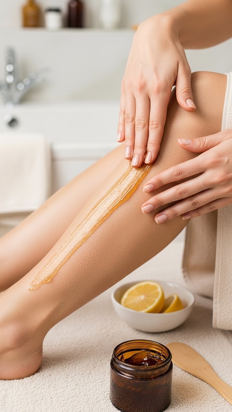 Close-up of warm amber sugar paste being applied against hair growth on woman's leg for natural hair removal