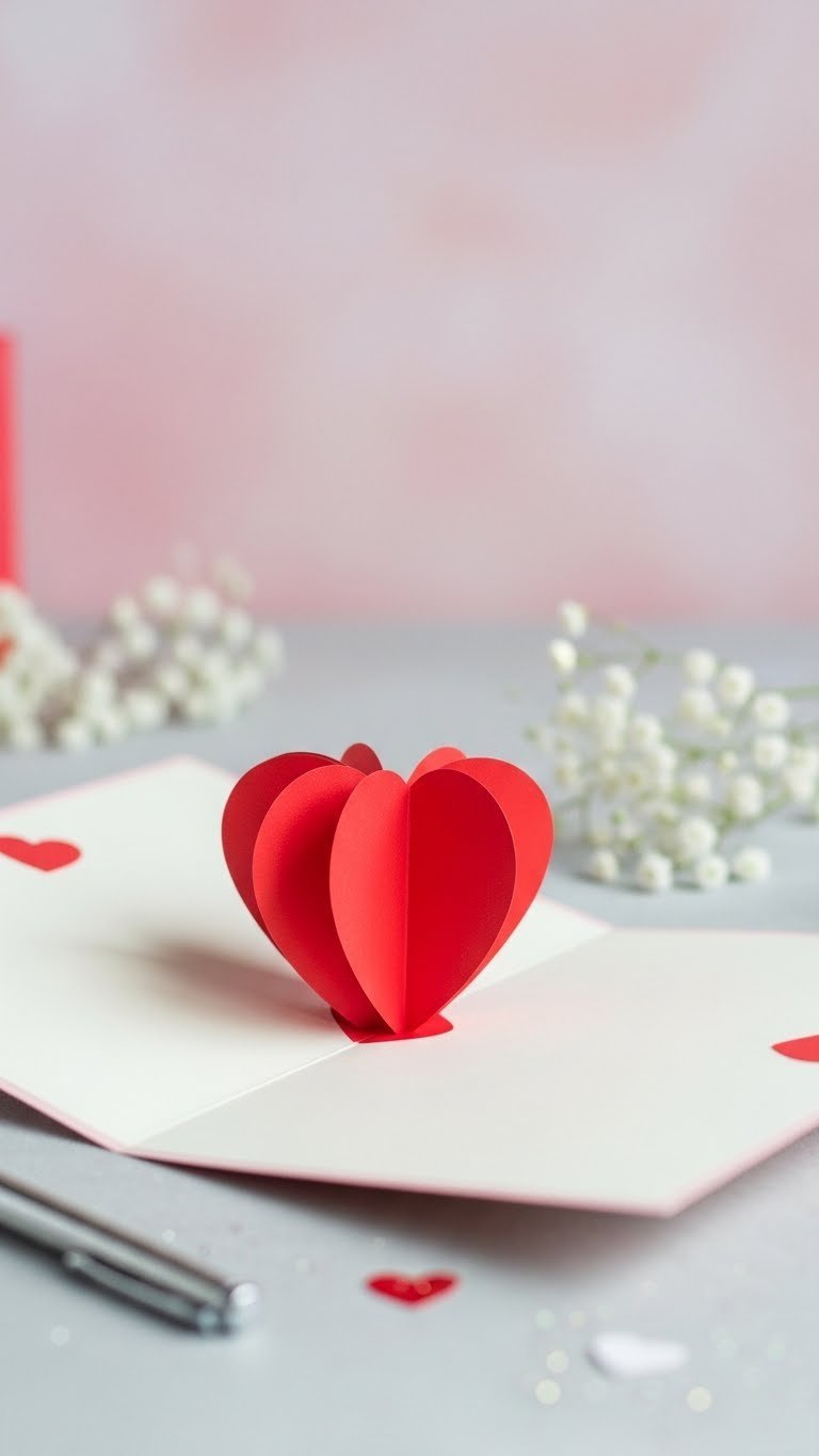 Close-up of white pop-up heart Valentine card with vibrant red 3D heart on gray fabric background with baby's breath and silver pen
