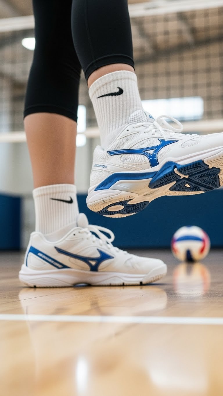 Close-up of white volleyball shoes with blue accents on gym floor showcasing intricate sole patterns and breathable mesh uppers