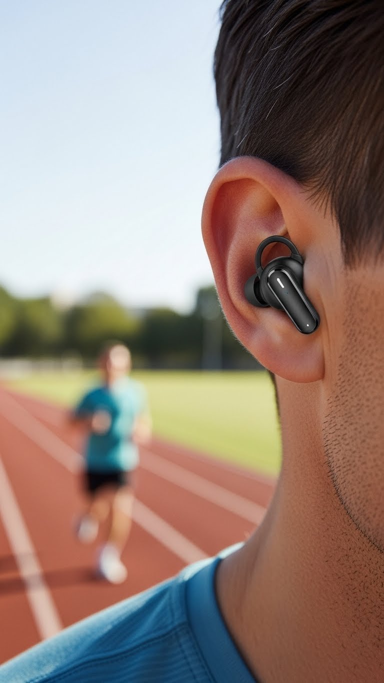 Close-up of wireless sport earbuds in male runner's ear with blurred outdoor running track background.