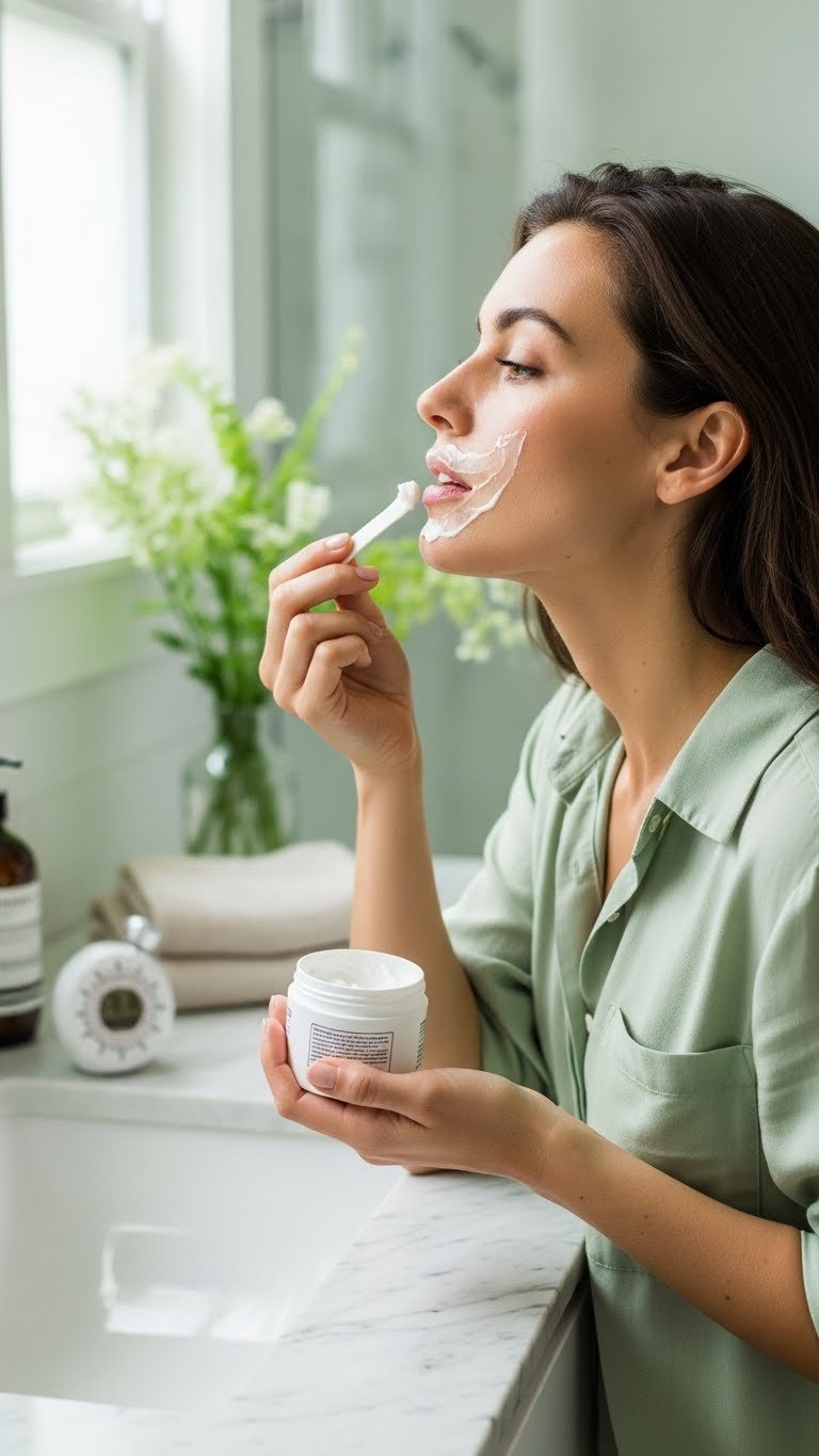 Close-up of woman applying facial hair removal cream with spatula on upper lip in serene bathroom vanity environment