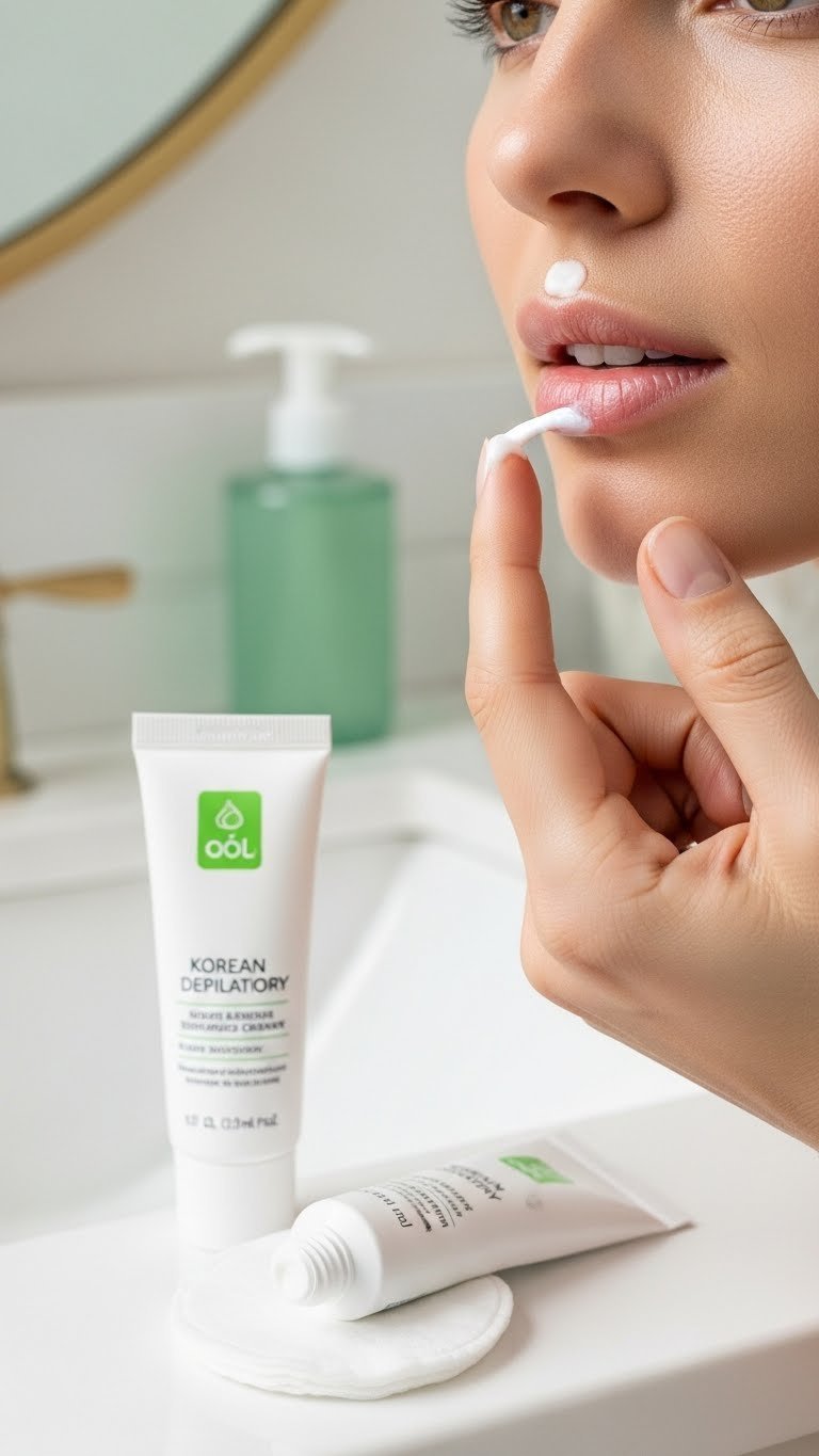 Close-up of woman delicately applying Korean hair removal cream to upper lip area with precision fingertip application