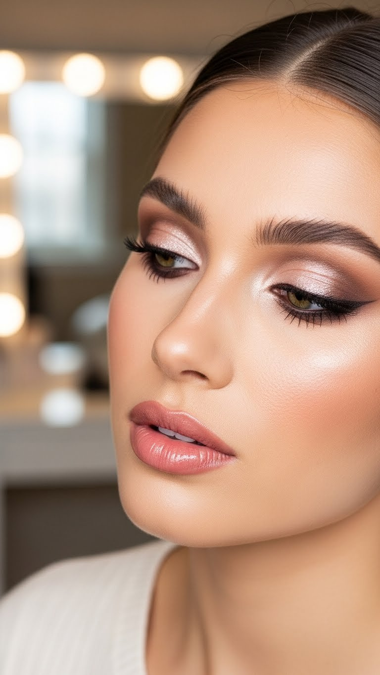 Close-up of woman's face with soft glam Valentine's Day makeup featuring glowing skin, neutral eyeshadow with shimmer, and nude-pink glossy lips