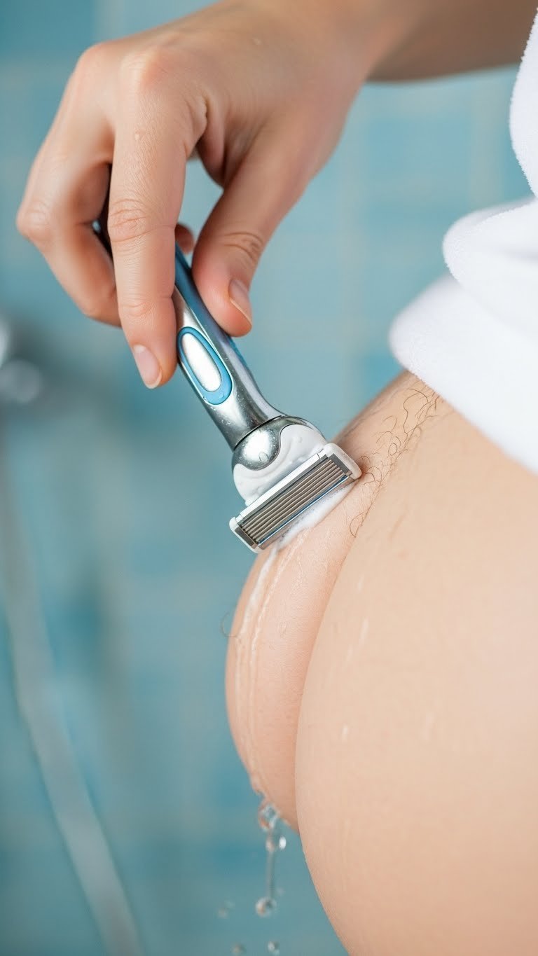 Close-up of woman's hand using modern razor for gentle pubic hair removal with smooth skin results