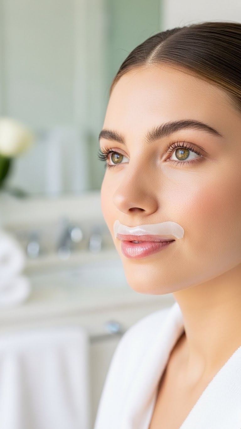 Close-up of woman's smooth upper lip after waxing with subtle glow against soft blurred bathroom background