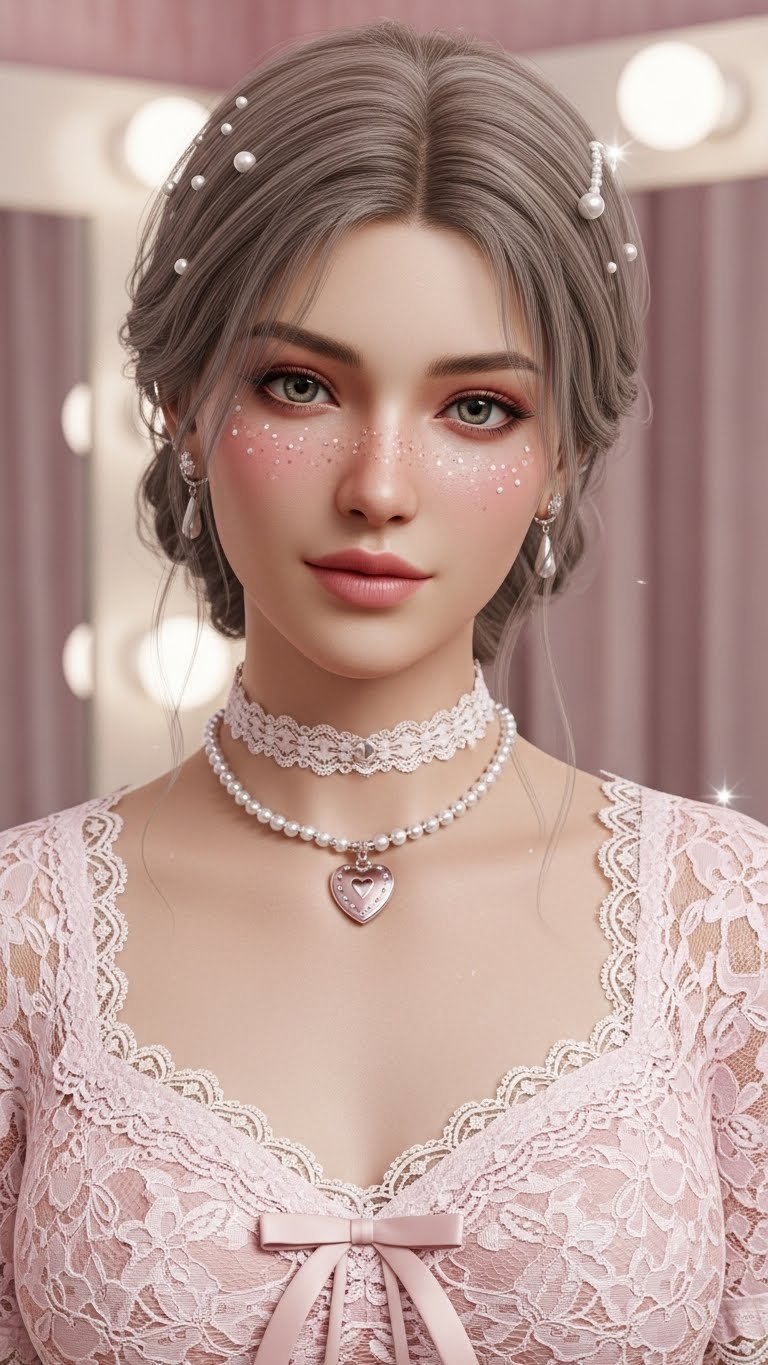 Close-up portrait of virtual avatar wearing pink lace top with pearl necklace and soft glam makeup against pastel pink background